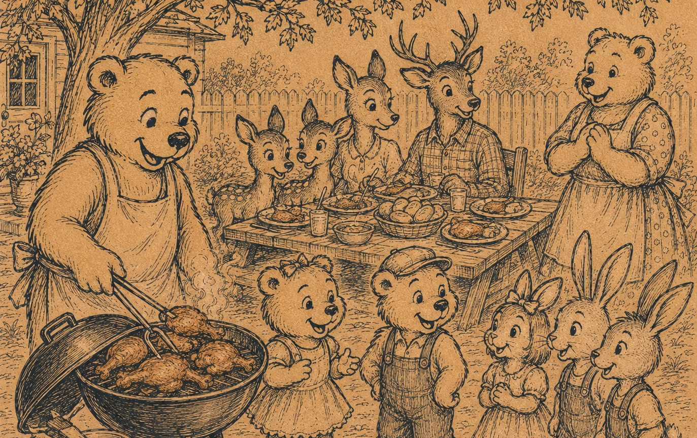 Charlie Bear Serves Barbecued Chicken