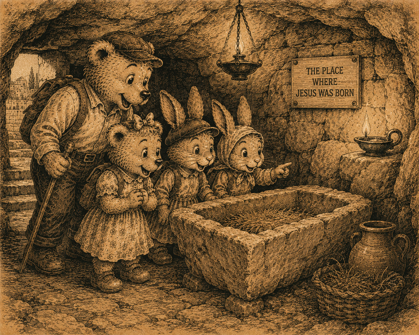 Charlie Bear takes Annie and the Bunny Twins to Bethlehem
